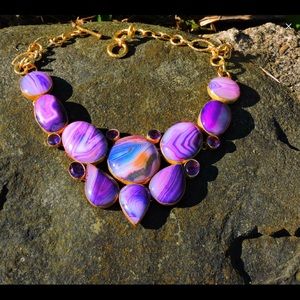 Botswana Agate Amethyst Gold Statement Necklace